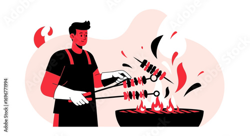 Illustration Of A Chef Grilling Skewers Over Open Flames Preparing Culinary Delights