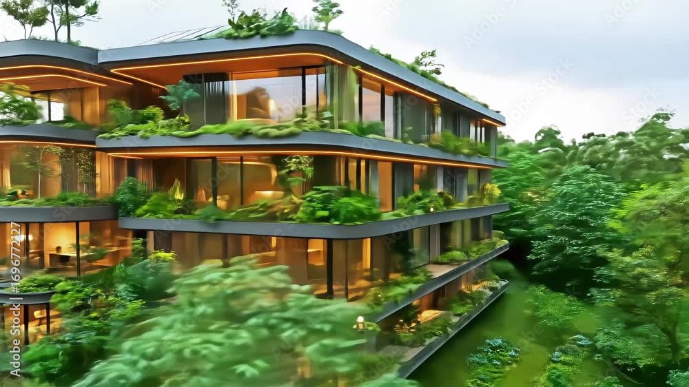 Modern building with lush greenery, geometric design, bathed in soft, ambient light, and natural surroundings Modern building with lush greenery, geometric design, bathed in soft, ambient light, and natural surroundings