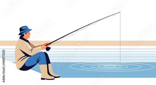 Fisherman On Lake Fishing And Enjoying Peaceful Outdoors Recreation Activity.