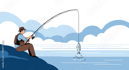 Fisherman Reel Fish From Ocean, Serene Scene Depicting The Joy Of Fishing Outdoors