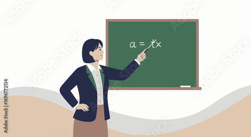 Illustration Of A Teacher Explaining Mathematics Equation In Front Of A Green Chalkboard