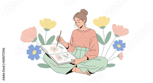 Illustration Of A Young Woman Artist Sketching Flowers, Peaceful And Creative Moment