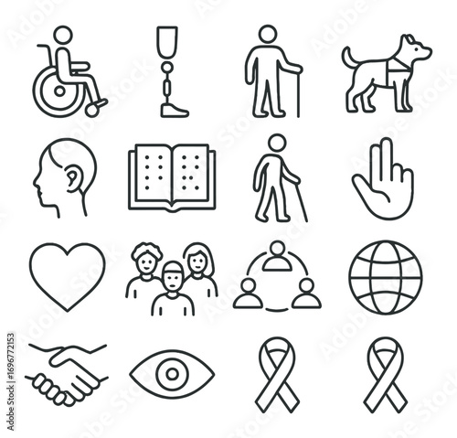 Accessibility symbols including wheelchair, prosthetic, guide dog, and hearing impairment icons
