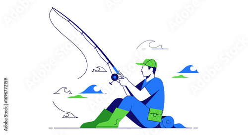 Fishing Enthusiast Casting Rod With Waves Illustrating Serene Moments On The Water
