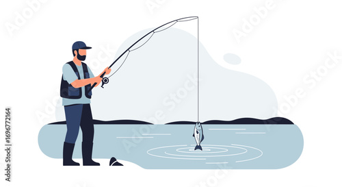 Fisherman's Joy: A Tranquil Scene of Angling and Aquatic Pursuit in a Peaceful Setting