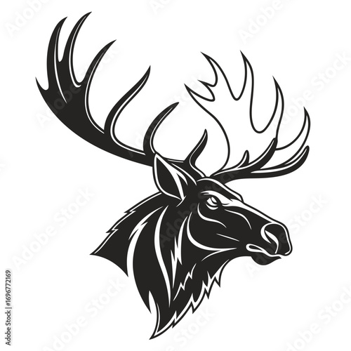 Black Silhouette of a Moose Head with Stylized Antlers and Mane deer animal