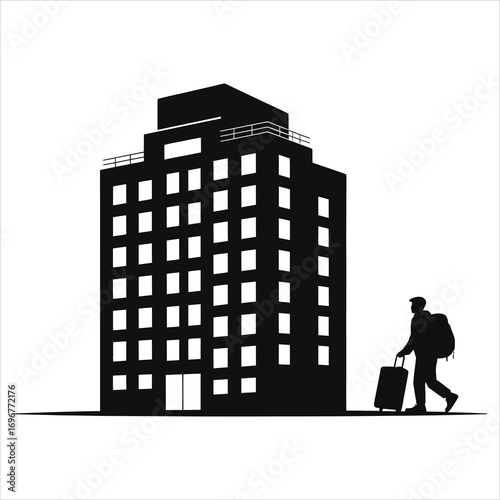 Traveler with luggage arriving at hotel silhouette. Vector icon of a tourist with a suitcase for travel, tourism, and accommodation concepts. Minimalist black and white building illustration.