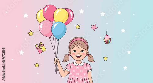 Illustration of Happy Girl Holding Balloons, Celebrating Special Occasion, Pastel Background