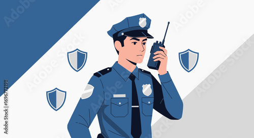 Illustration Of Police Officer Using Communication Device And Shield Symbols