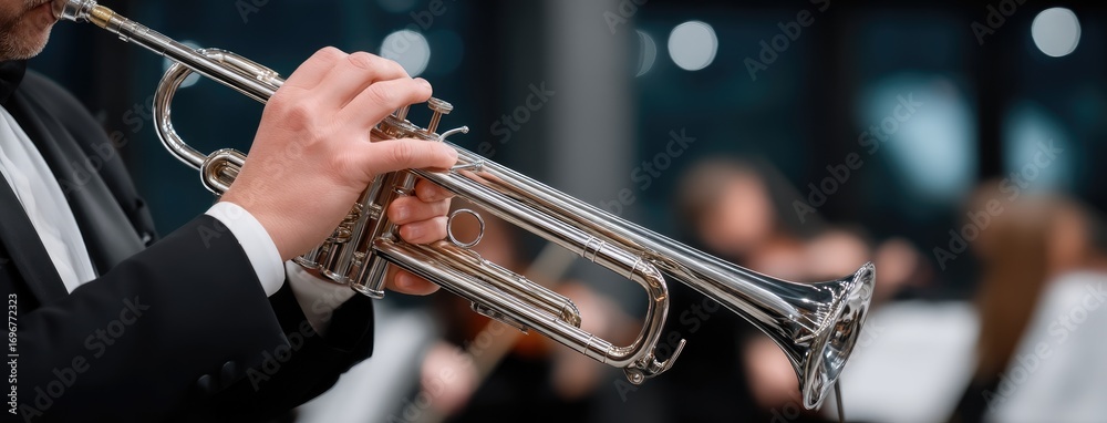 Obraz premium Musician performs on trumpet in concert hall as orchestra plays in background during evening event