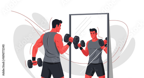 Fitness Fanatic Performing Dumbbell Curls While Examining His Reflection in A Mirror