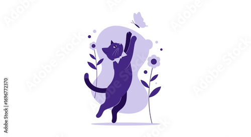 Illustrative Cartoon Of Cat Attempting to Reach Butterfly, Set Against Minimalist Backdrop