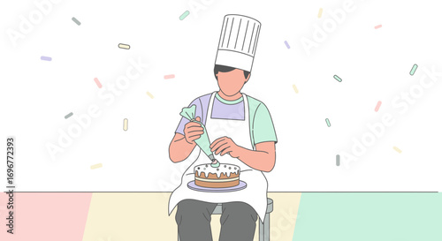 Illustrative Chef Adding Cream on the Cake: A Delightful Confections Creation Moment