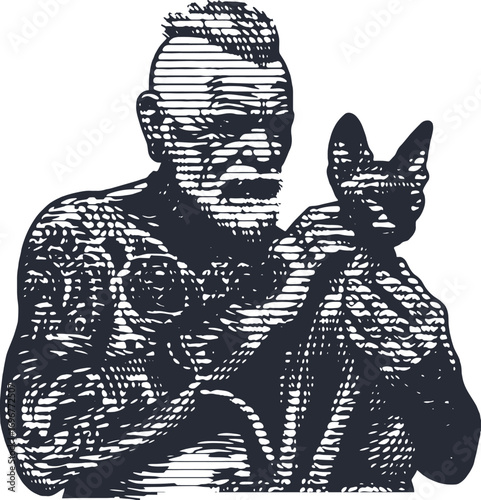 Tattooed elderly man with mohawk holding a sphynx cat in bold black and white line art style illustration