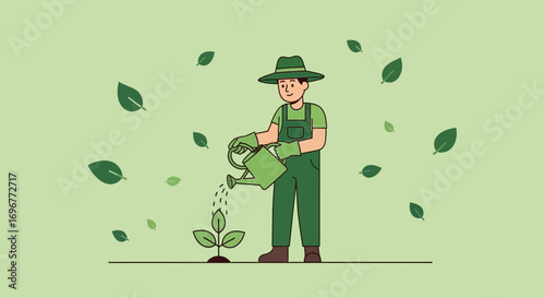 Illustrative Gardener Nurturing New Growth with Gentle Watering in Botanical Setting