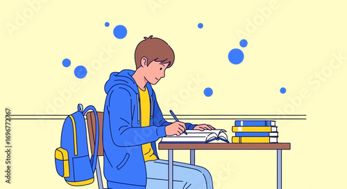 Focused Student Writing In Notebook At Wooden Desk With Backpack And Books Education Concept