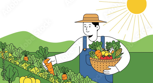 Illustrative Harvest: Farmer Harvesting Carrot In Garden With Basket Of Freshly Picked Crops