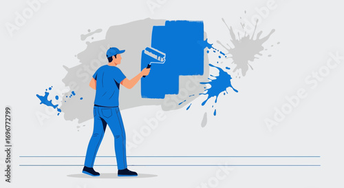 Illustrative Image Of A Painter Working, Adding Decorative Blue Paint To White Wall Surface