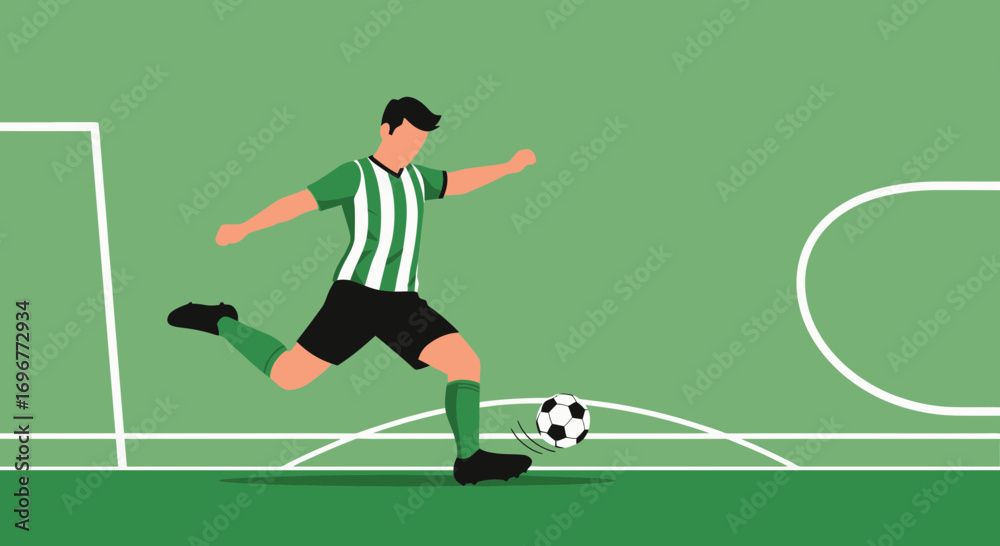 Fototapeta premium Football Player Kicking Soccer Ball In Action, Vector Illustration, Sport Concept