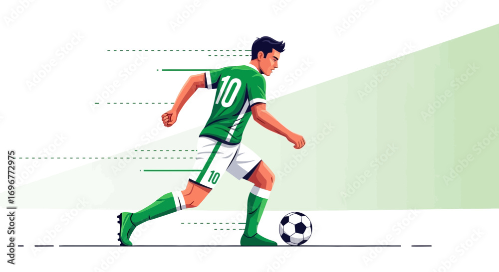 Fototapeta premium Football Player Runs With Energy: Agile Action in Dynamic Green and White Suit