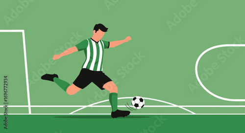 Football Player Kicking Soccer Ball In Action, Vector Illustration, Sport Concept