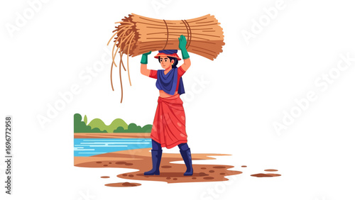 Rural Harvest: A strong woman balances a large bundle of harvested hay atop her head, embodying the spirit of hard work in the rural countryside, in a vibrant illustration.