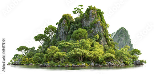 Lush green island with rocky cliffs and trees, isolated on transparent cutout background