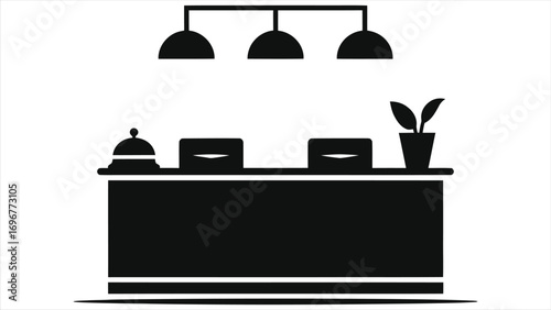 Hotel reception desk with service bell, front desk check-in counter icon, modern lobby interior with pendant lights and potted plant, concierge hospitality concept for travel accommodation and welcome
