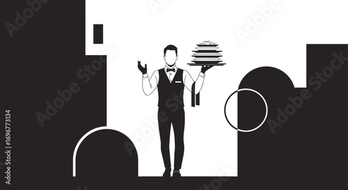 Formal Waiter Presenting Stacks Of Plates, Monochrome Illustration With Geometric Background