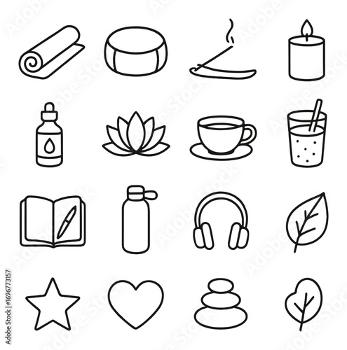 Minimalist wellness icons: yoga, aromatherapy, meditation, relaxation, hydration