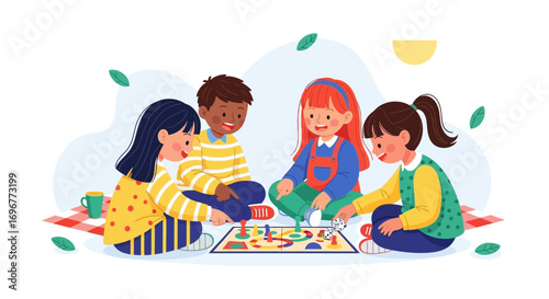 Four Children Playing Board Game Outdoors Depicting Joyful Moments Of Friendship