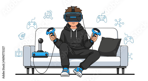 Immersive Gaming Experience: A Person Wearing Virtual Reality Headset on the Couch