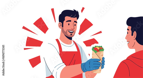 Freshly Prepared Food Vendor Offering A Delicious Wrap To A Delighted Customer