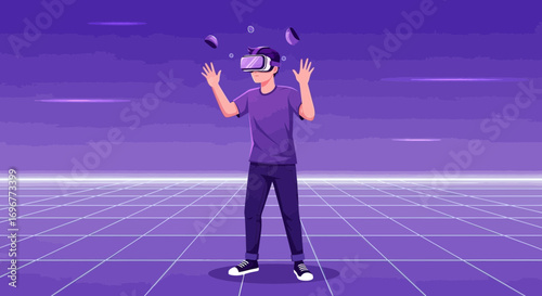 Immersive Virtual Reality Experience Depicted with Futuristic, Digital, Augmented Graphics