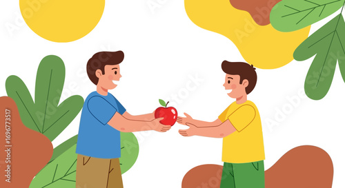 Friendly Exchange Depicting Two Individuals Sharing a Red Apple Across Animated Elements