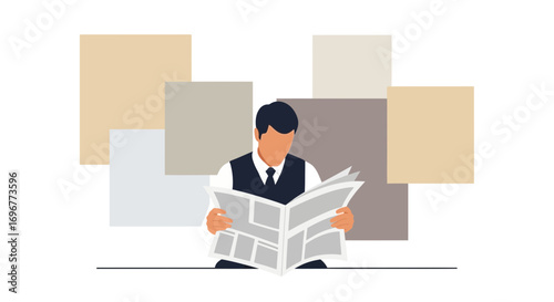 Individual Concentrated Upon Reading News, Surrounded By Geometric Forms Concept
