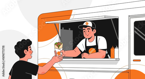 Friendly Interaction Of Vendor Serving Delicious Food From A Food Truck With A Customer