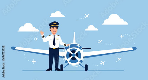 Friendly Pilot Standing Near Airplane Vector Illustration In The Sky Is Welcoming Passengers