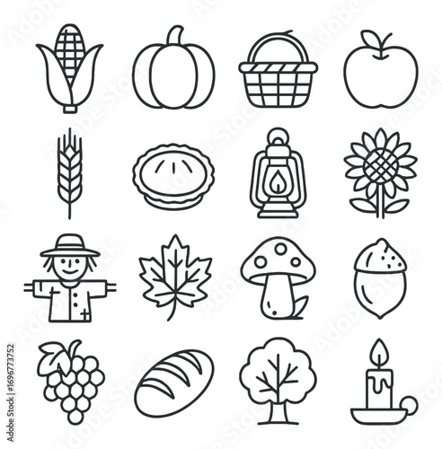Autumn harvest icons: corn, pumpkin, basket, apple, wheat, pie, lantern, sunflower