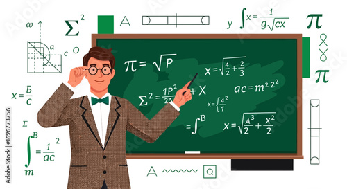 Intelligent Educator Presenting Mathematical Equations On A Green Chalkboard  Illustrations