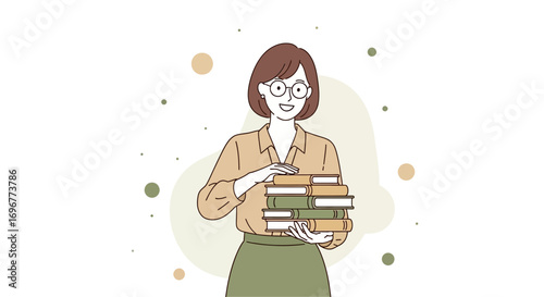 Friendly Woman Holding Many Books Demonstrates Knowledge and Interest in Education
