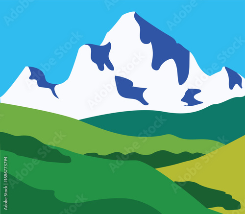 Flat natural illustration with mountains,forests,field and sky