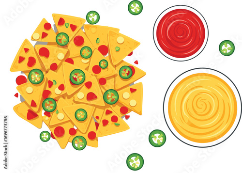 Nachos Flat Lay with Cheese Dip and Salsa Vector