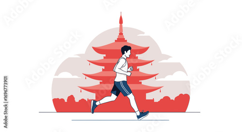 Japanese Runner Exercising In Front Of Traditional Temple, Workout, Wellbeing Style