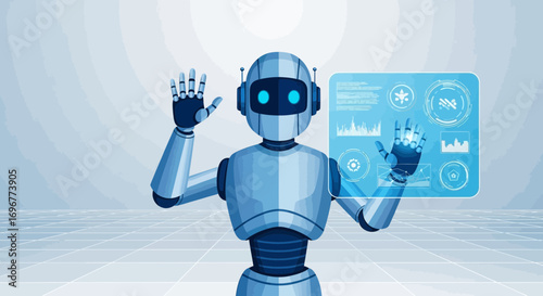 Futuristic Robot Interacting With Digital Interface Presenting Technological Innovation in 2D