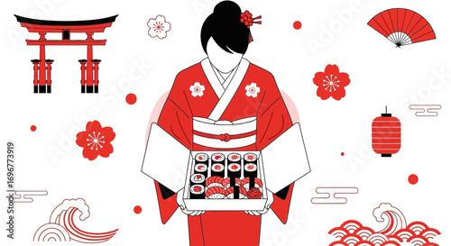 Japanese Woman With Sushi Offering Surrounded By Traditional Elements in Red and White