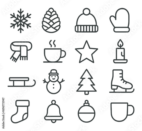 Winter icons set: snowflake, hat, mittens, hot drink, tree, candle, skates