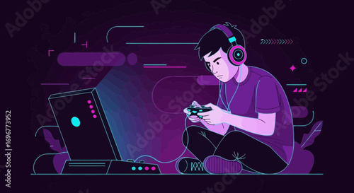 Gamer Engaged In Interactive Gameplay Amidst Illuminated Digital Environment