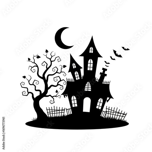 Spooky halloween haunted house silhouette with moon bare tree and flying bats vector