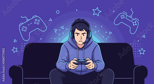 Gamer Concentrating While Playing Videogame With Modern Digital Controller On Couch At Home